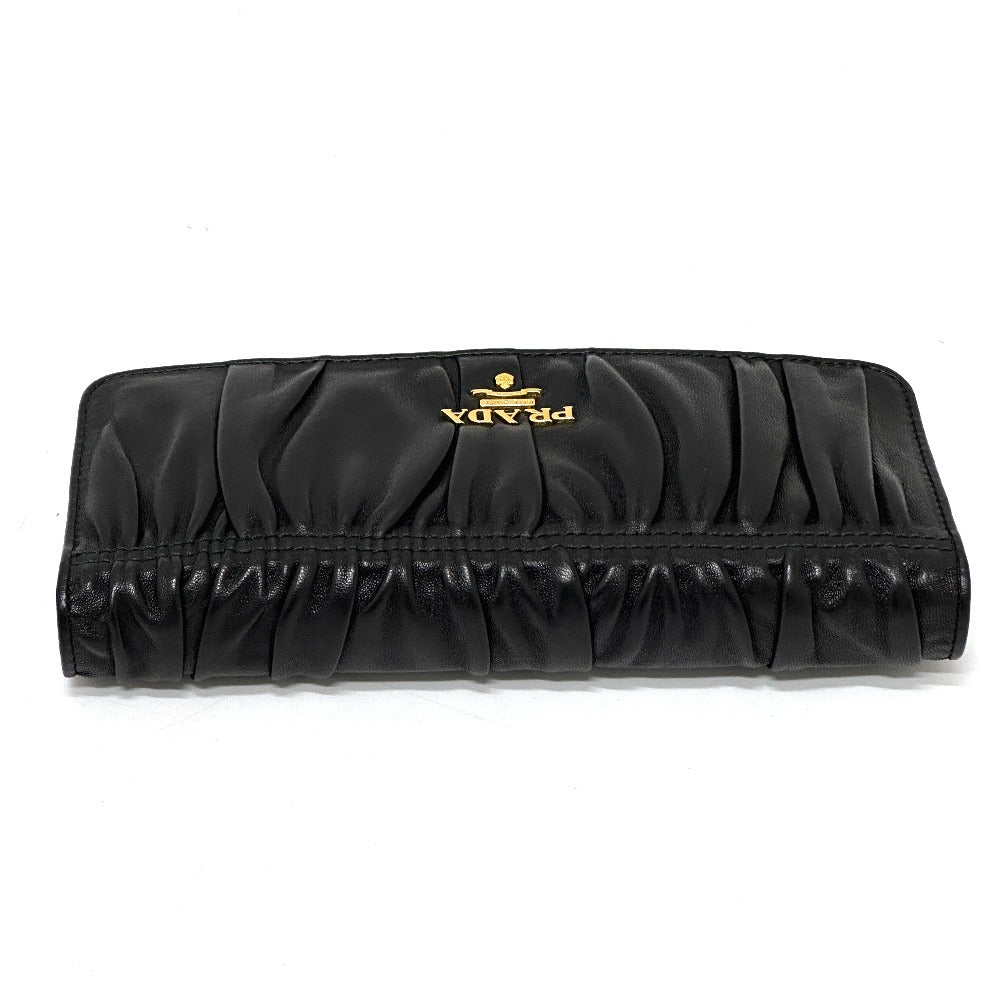 PRADA Long Wallet Purse 1M1132 leather black logo Gathered Women Used Authentic