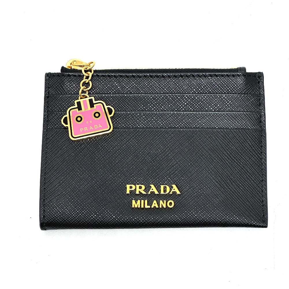 PRADA Coin case Safiano leather black logo robot charm