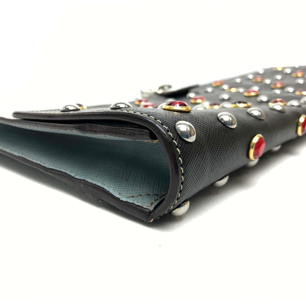 PRADA Clutch bag VR074C leather black Safiano Bijou x studs unisex(Unisex) Used Authentic