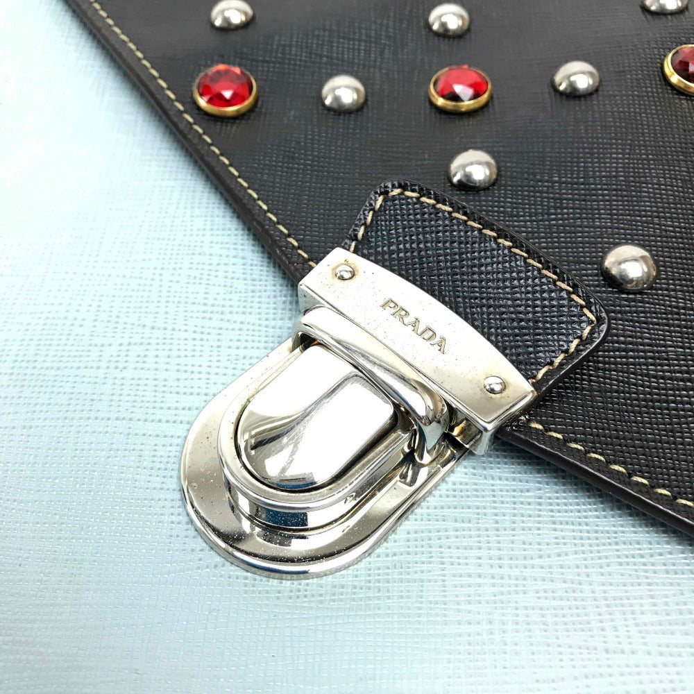 PRADA Clutch bag VR074C leather black Safiano Bijou x studs unisex(Unisex) Used Authentic