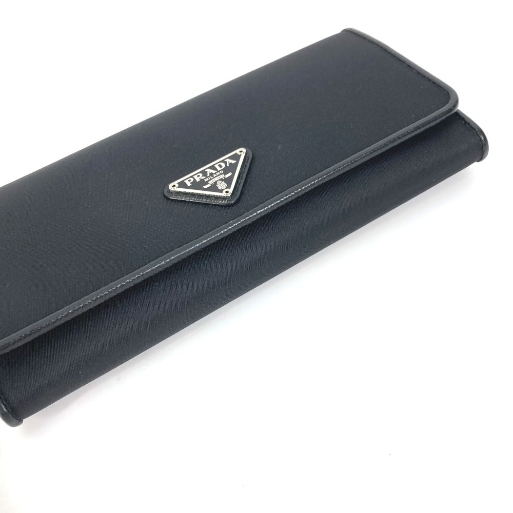 PRADA Folded wallet 1MH132 Nylon canvas, leather black Long Wallet Business Card Case Triangle logo plate Women Used Authentic