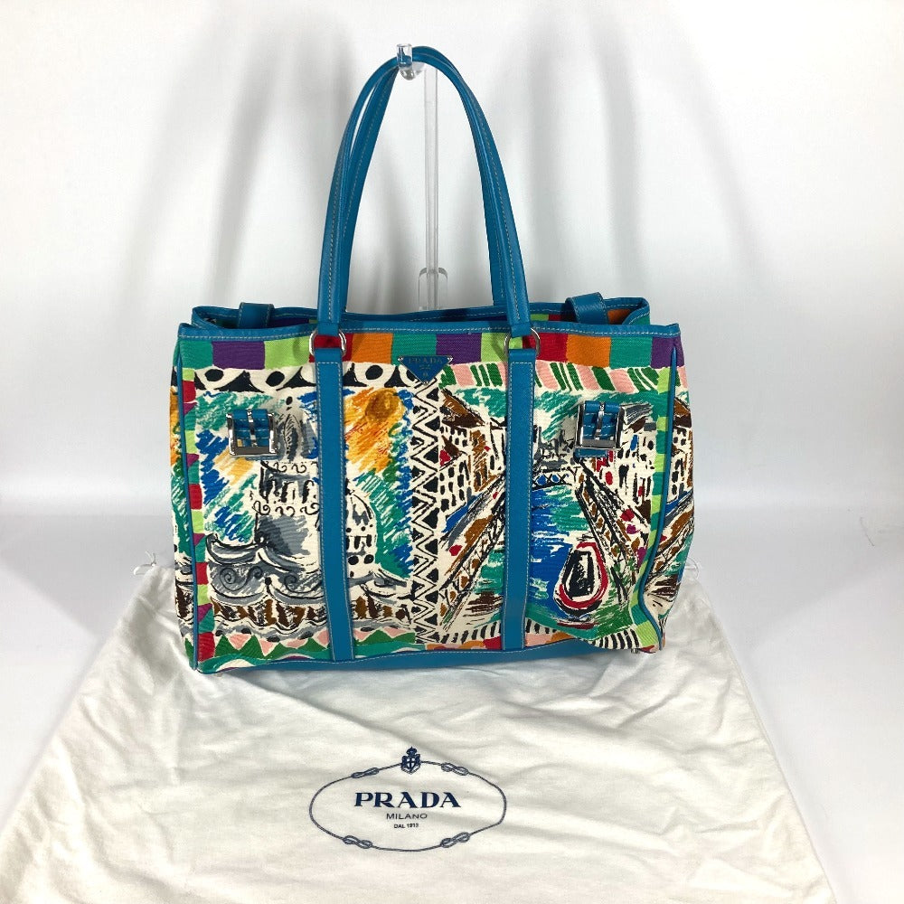 PRADA Tote Bag Canvas / leather multicolor Triangle logo plate All-over logo