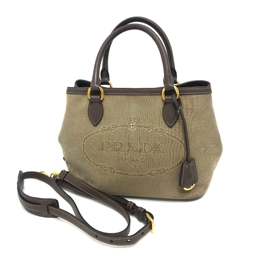 PRADA Handbag 1BA172 Nylon jacquard / leather khaki Logo jacquard Women Used Authentic