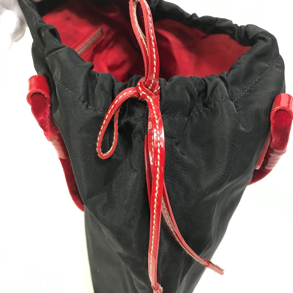 PRADA Handbag Patent leather, nylon, velour black By color logo drawstring bag triangle logo triangular logo plate Women Used Authentic