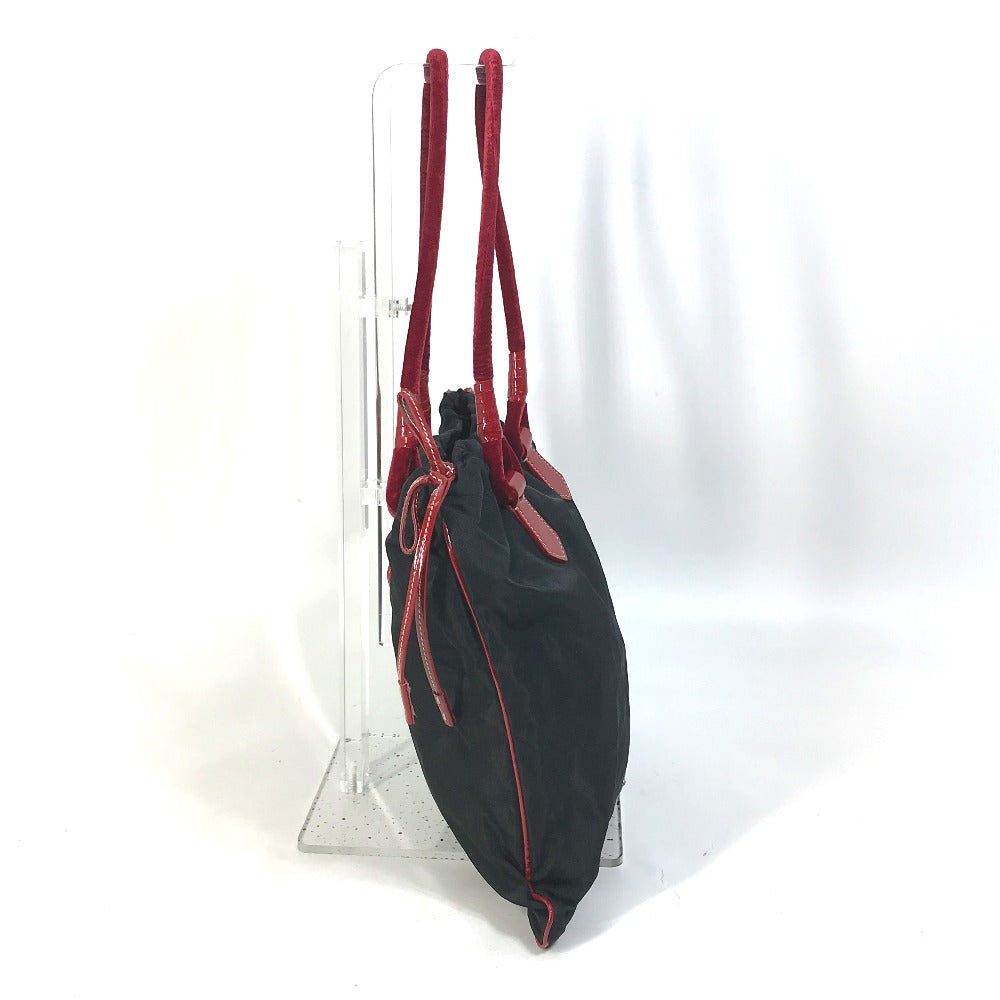 PRADA Handbag Patent leather, nylon, velour black By color logo drawstring bag triangle logo triangular logo plate Women Used Authentic
