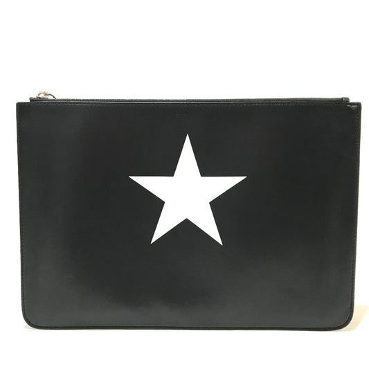 GIVENCHY Clutch bag leather Black x white business bag Star design mens Used Authentic