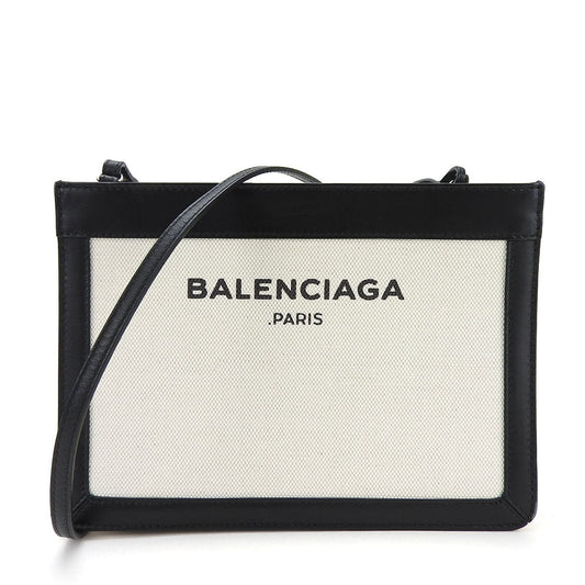 BALENCIAGA Shoulder Bag 390641 Canvas, Leather Ivory Navy Pochette Women Used Authentic