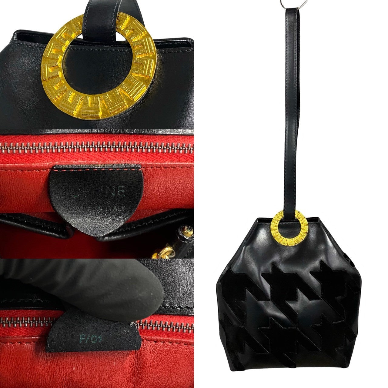 CELINE Shoulder Bag Calfskin black Arc de Triomphe Motif Circle Metal Women Used Authentic