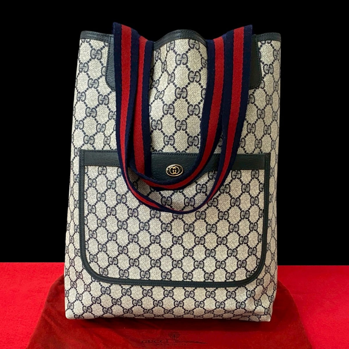 GUCCI Tote Bag Leather, PVC Navy GG logo Metal Sherry line Women Used Authentic