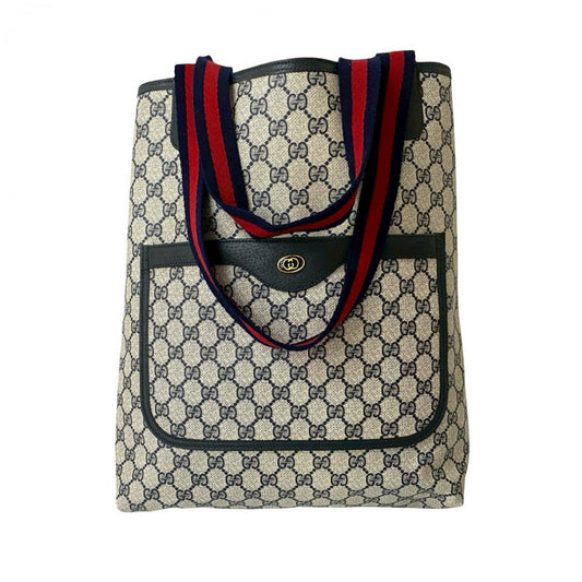 GUCCI Tote Bag Leather, PVC Navy GG logo Metal Sherry line Women Used Authentic