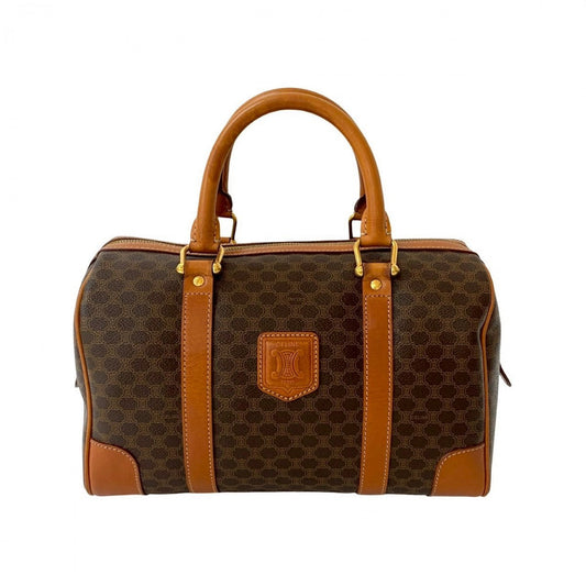 CELINE Handbag Leather, PVC Brown Macadam Blason Triomphe Women Used Authentic