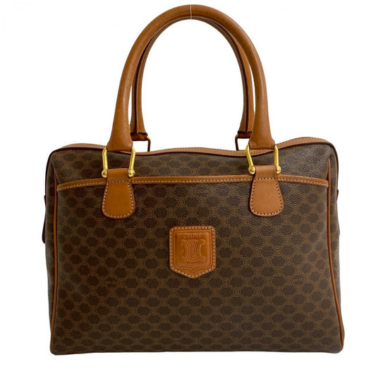 CELINE Handbag Leather, PVC Brown Macadam Blason Triomphe Pattern Women Used Authentic