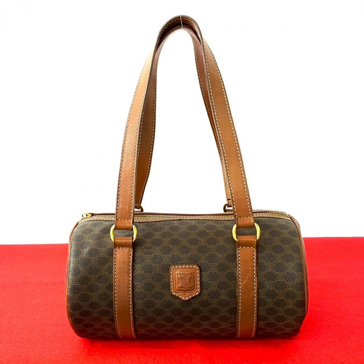 CELINE Boston Duffel bag Leather, PVC Brown Macadam Blason Triomphe Pattern Women Used Authentic