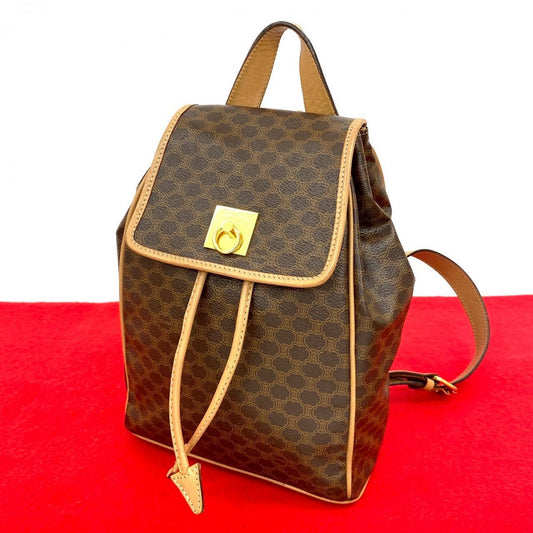CELINE Backpack leather Brown Macadam Pattern logo ring Metal Women Used Authentic