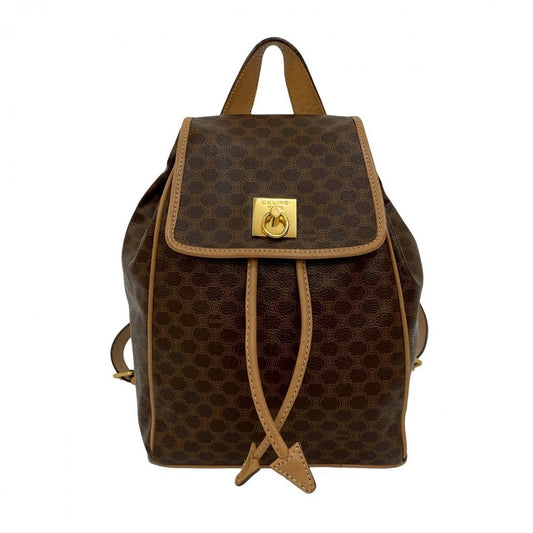 CELINE Backpack leather Brown Macadam Pattern logo ring Metal Women Used Authentic