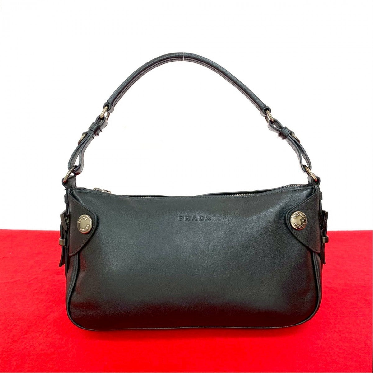 PRADA Shoulder Bag leather black logo Metal Women Used Authentic
