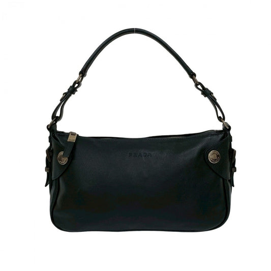 PRADA Shoulder Bag leather black logo Metal Women Used Authentic