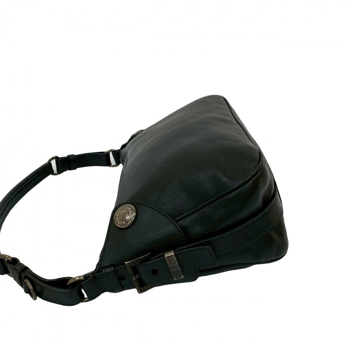 PRADA Shoulder Bag leather black logo Metal Women Used Authentic