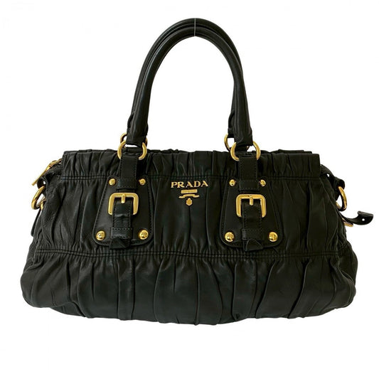 PRADA Handbag leather black logo Metal Women Used Authentic