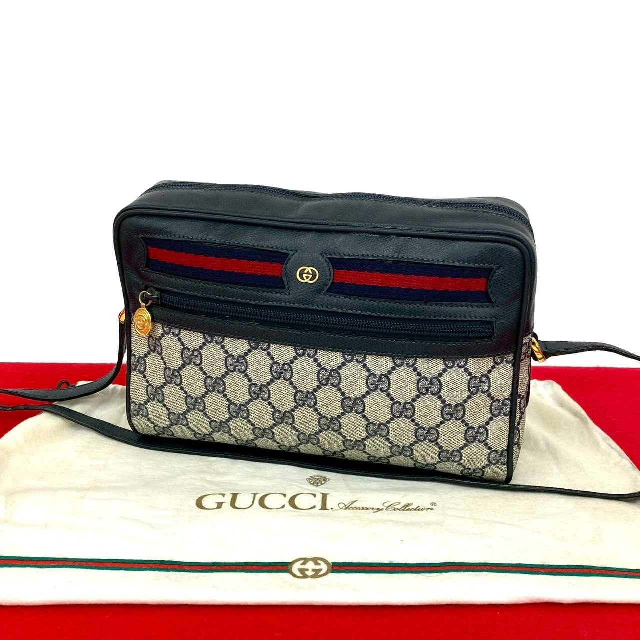 GUCCI Shoulder Bag leather Navy Sherry line