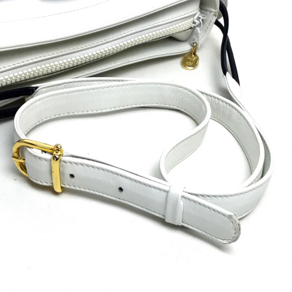 CELINE Shoulder Bag leather White x black Ribbon motif Women Used Authentic