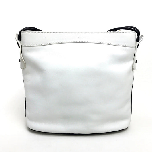 CELINE Shoulder Bag leather White x black Ribbon motif Women Used Authentic