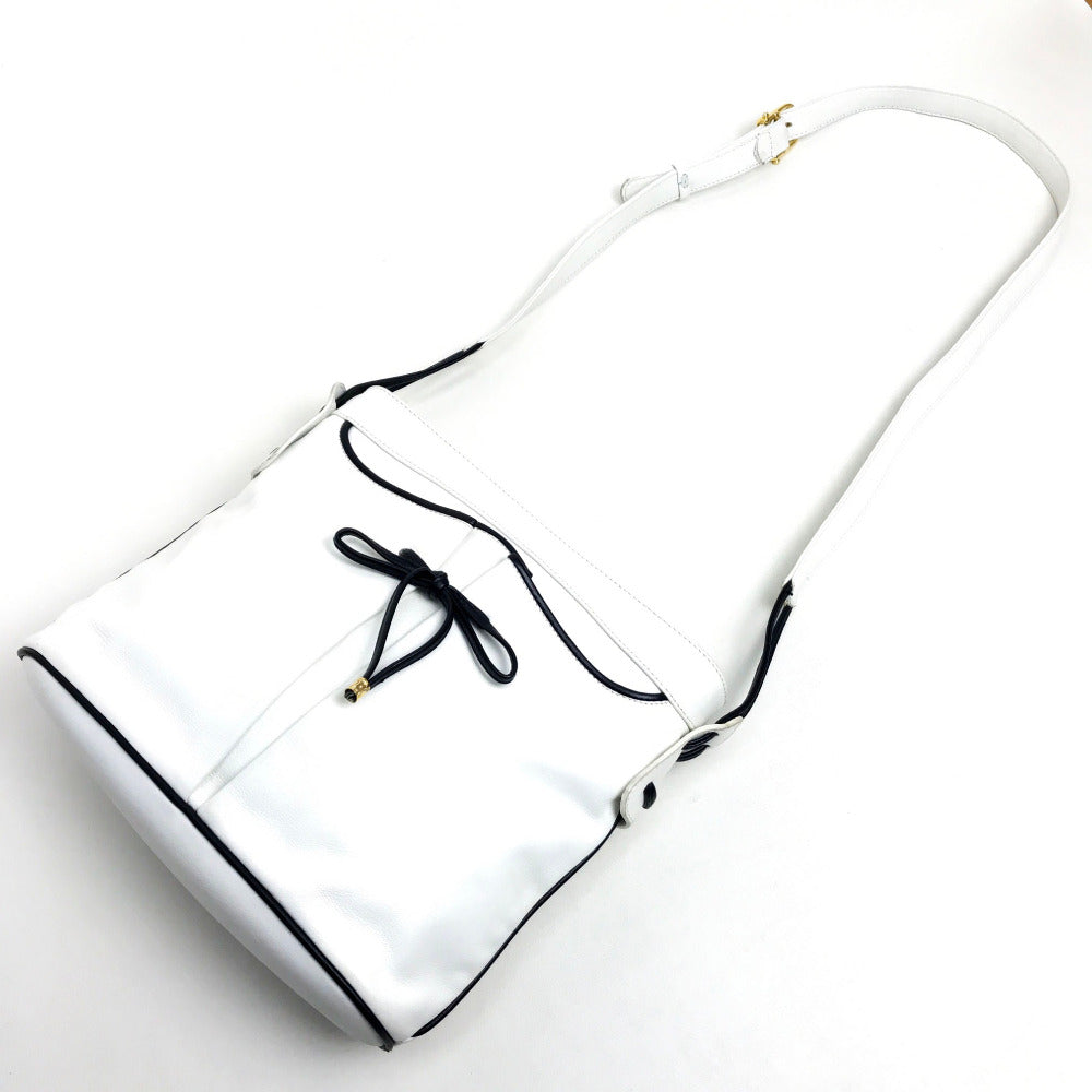 CELINE Shoulder Bag leather White x black Ribbon motif Women Used Authentic