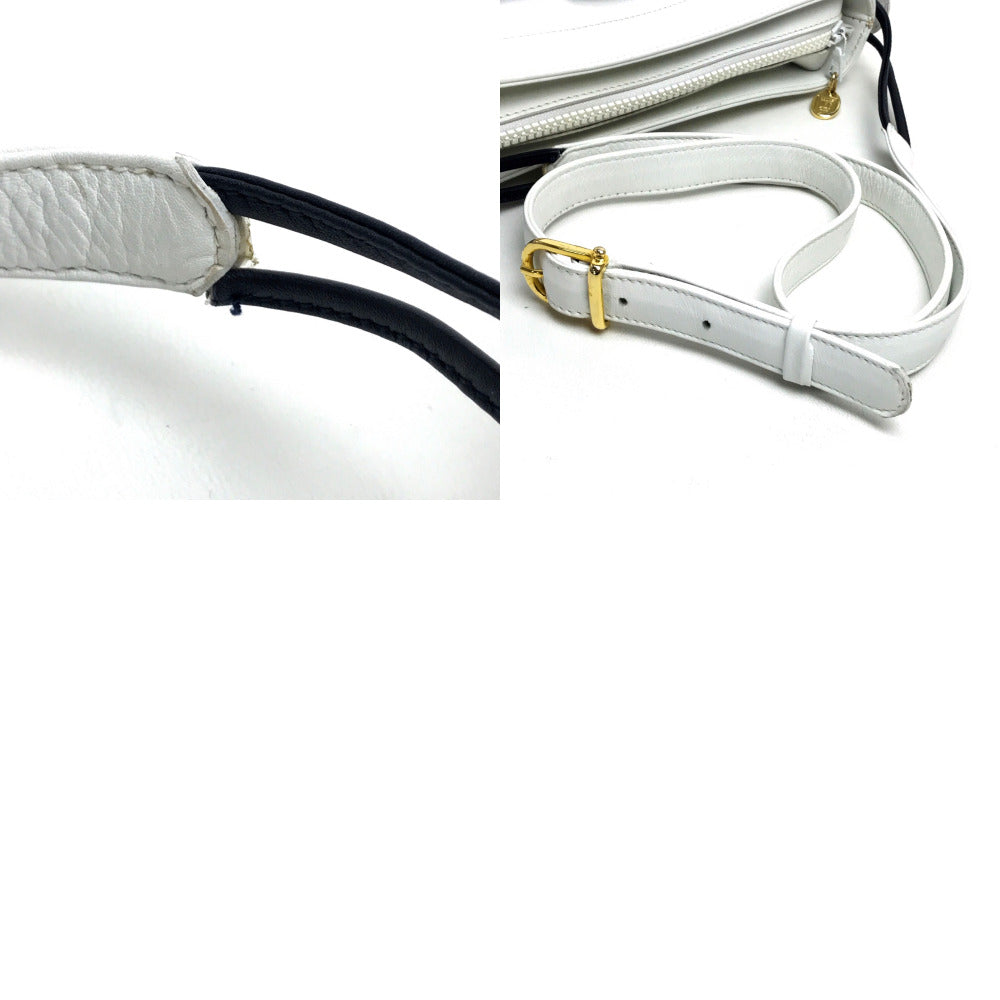 CELINE Shoulder Bag leather White x black Ribbon motif Women Used Authentic