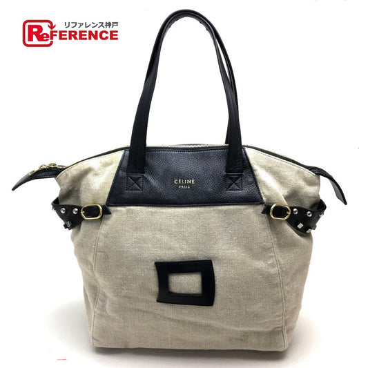 CELINE Tote Bag Linen canvas, leather Beige x black Women Women Used Authentic