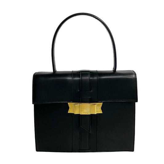 CELINE Handbag Calfskin, Leather black Ribbon logo Metal Women Used Authentic