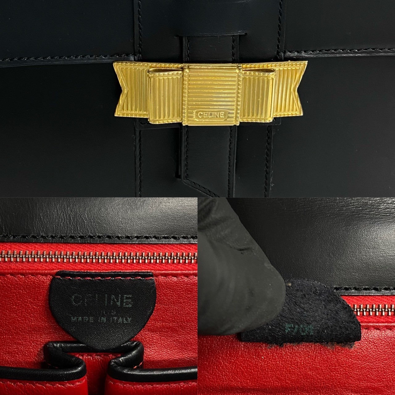 CELINE Handbag Calfskin, Leather black Ribbon logo Metal Women Used Authentic