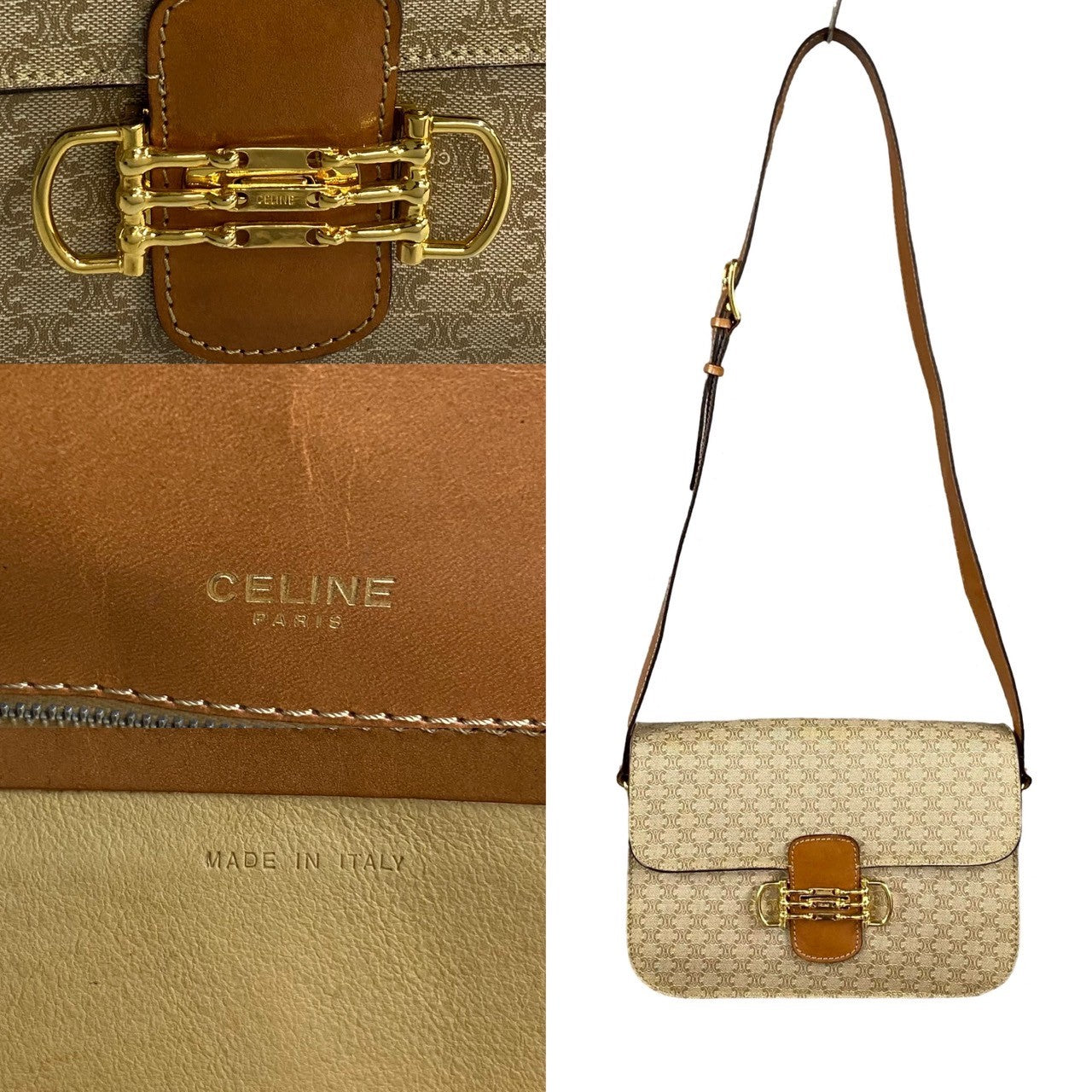 CELINE Shoulder Bag Leather, PVC Brown Macadam Blason Pattern Women Used Authentic