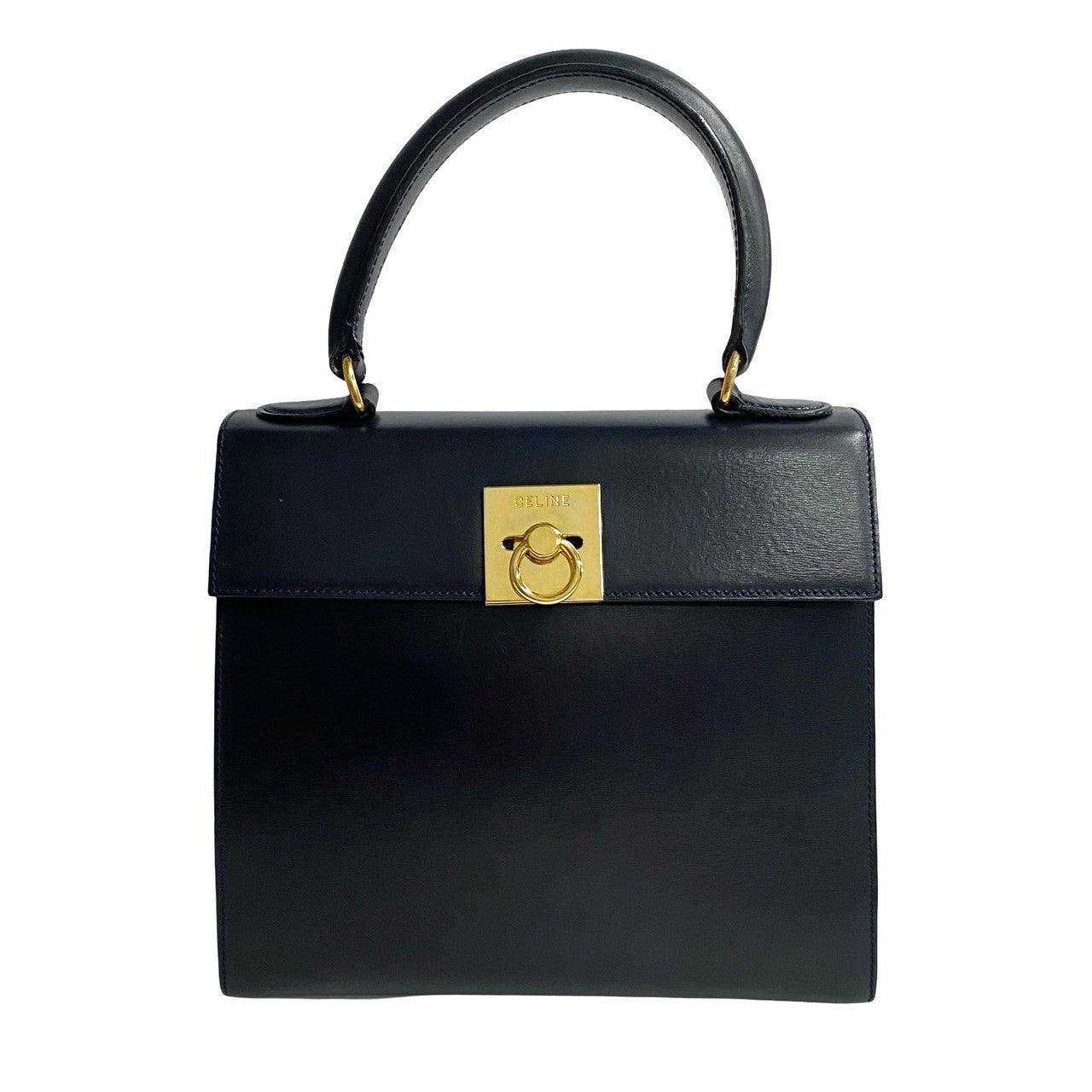 CELINE Handbag leather Navy logo ring Metal Women Used Authentic