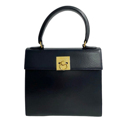 CELINE Handbag leather Navy logo ring Metal Women Used Authentic