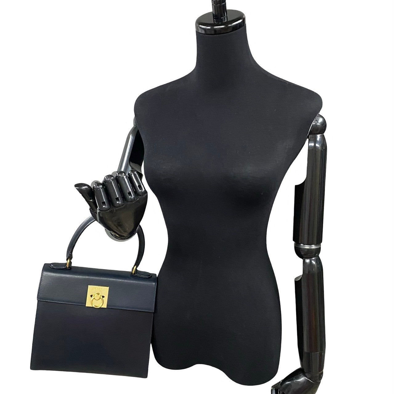 CELINE Handbag leather Navy logo ring Metal Women Used Authentic