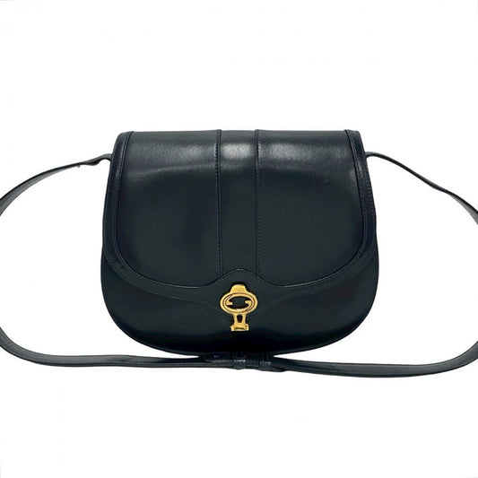 GUCCI Shoulder Bag leather Navy GG logo Metal Women Used Authentic