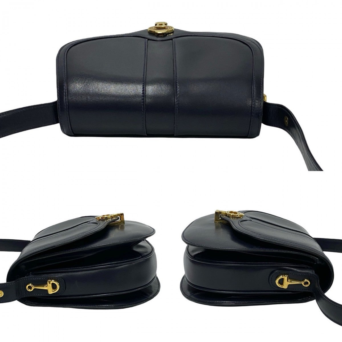 GUCCI Shoulder Bag leather Navy GG logo Metal Women Used Authentic