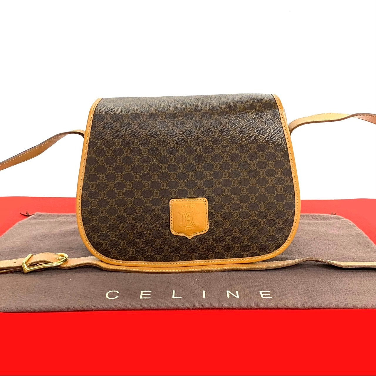 CELINE Shoulder Bag Leather, PVC Brown Macadam Blason Triomphe Pattern Women Used Authentic
