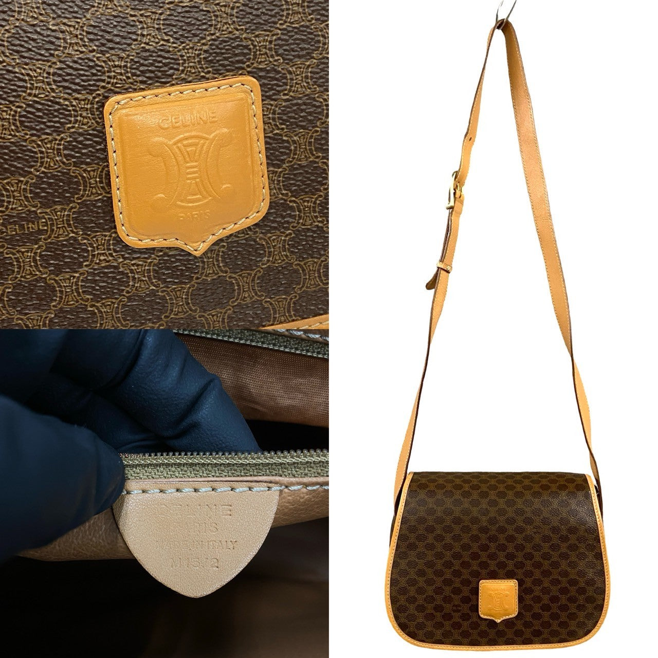 CELINE Shoulder Bag Leather, PVC Brown Macadam Blason Triomphe Pattern Women Used Authentic