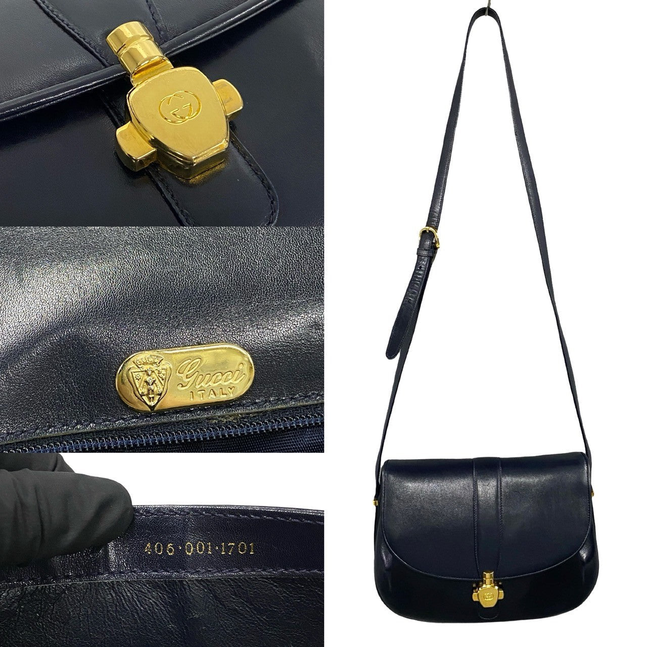 GUCCI Shoulder Bag Calfskin, Leather Navy GG logo Metal Women Used Authentic