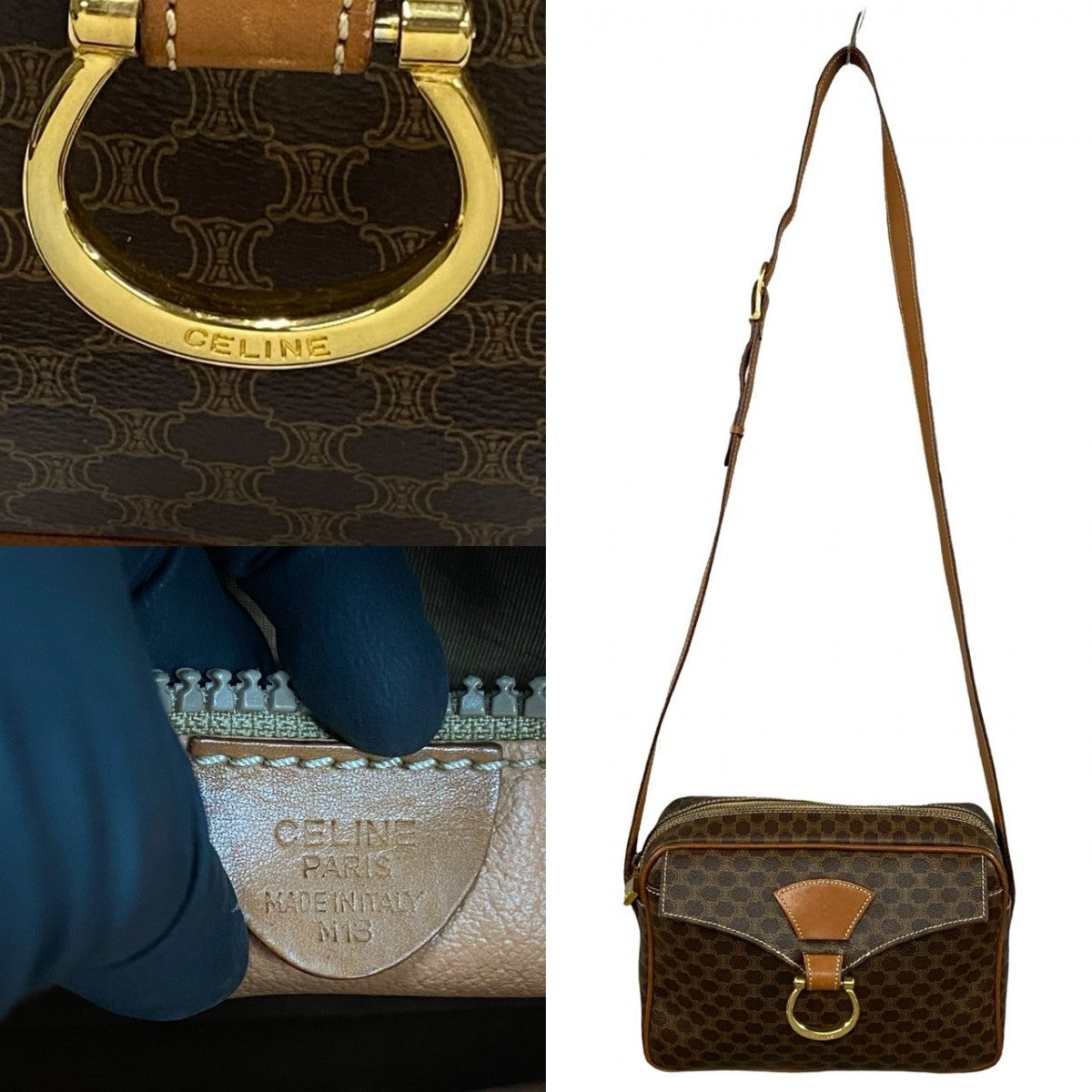 CELINE Shoulder Bag Leather, PVC Brown Macadam Blason Triomphe Pattern Women Used Authentic