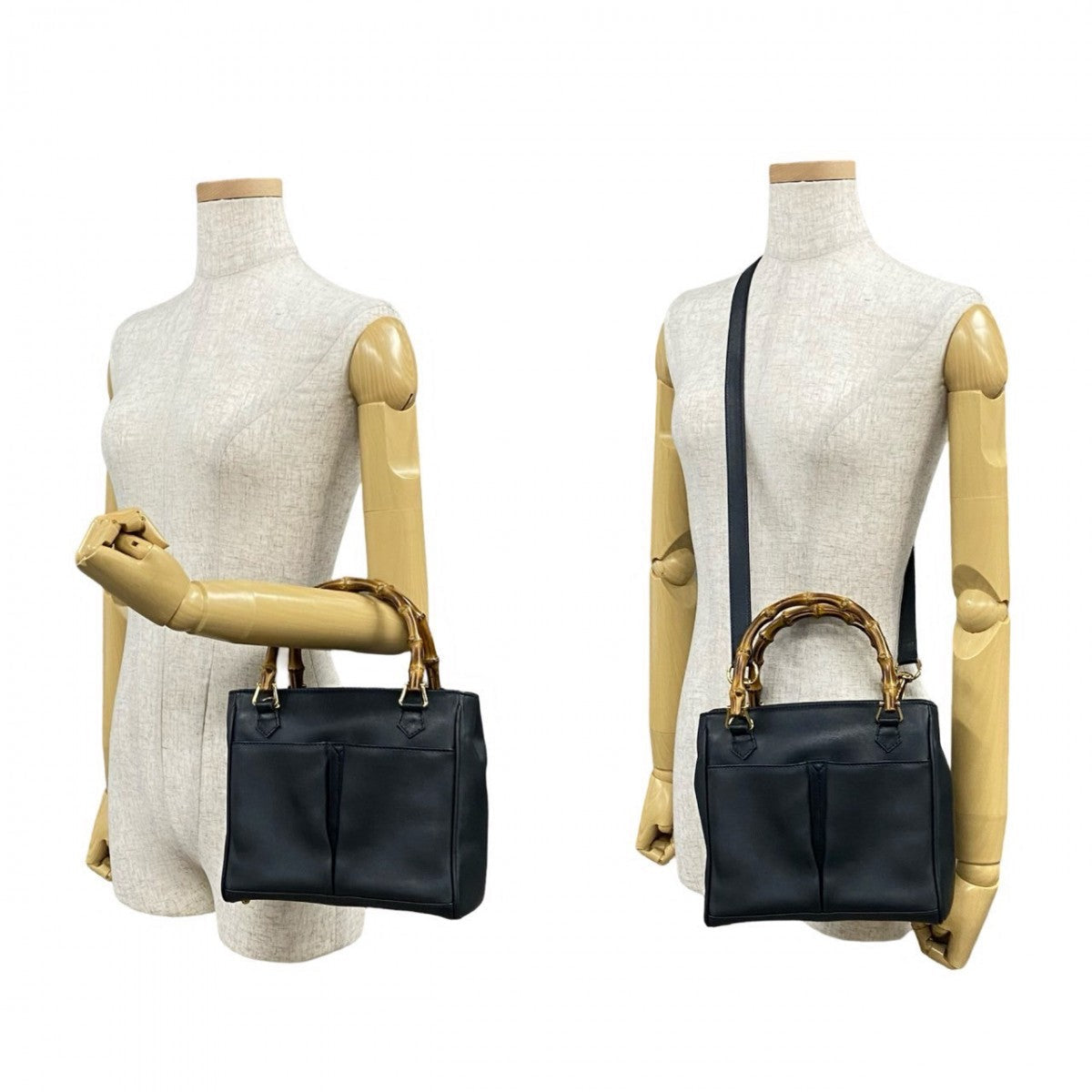 GUCCI Handbag leather Navy Bamboo Women Used Authentic