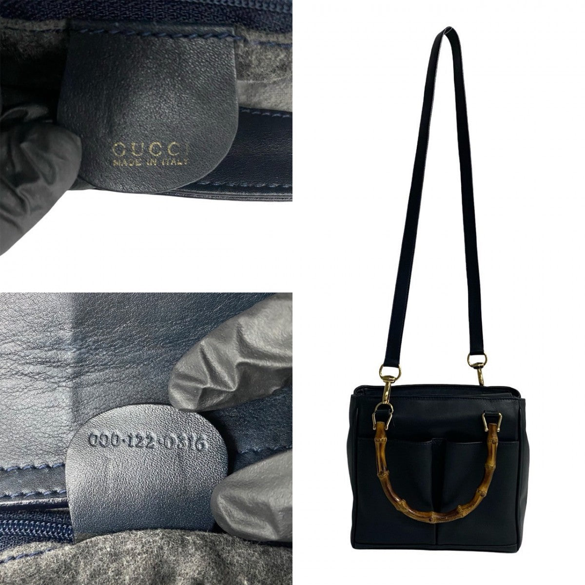 GUCCI Handbag leather Navy Bamboo Women Used Authentic