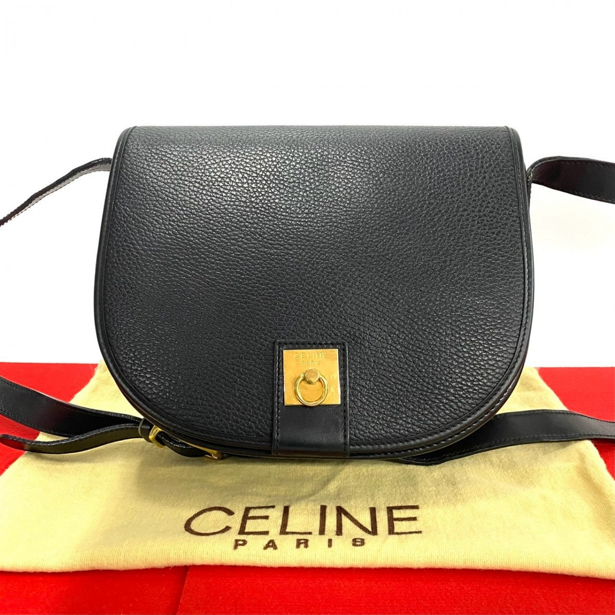 CELINE Shoulder Bag leather black logo ring Metal Women Used Authentic