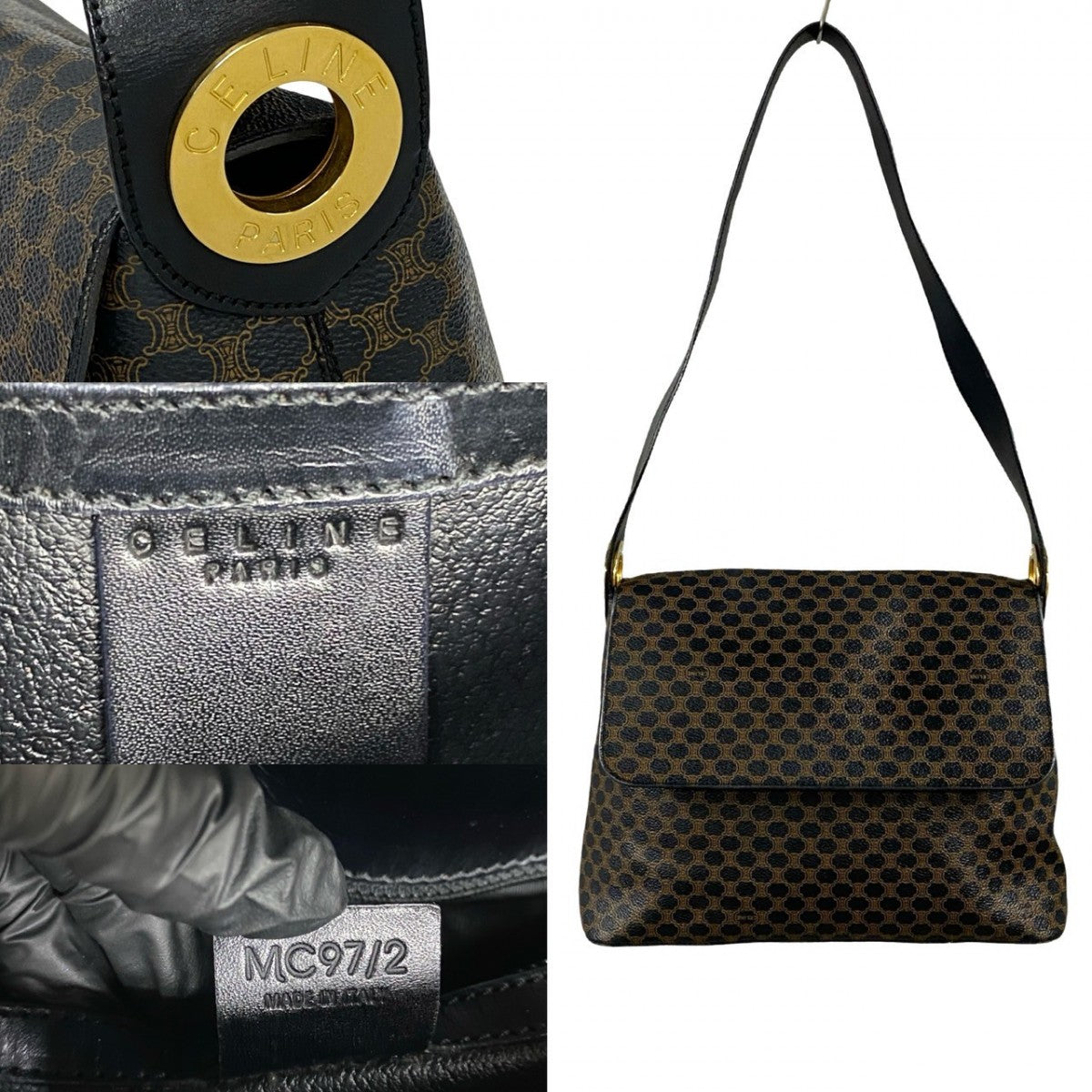 CELINE Shoulder Bag Leather, PVC black Macadam Blazon Pattern Circle logo Metal Women Used Authentic