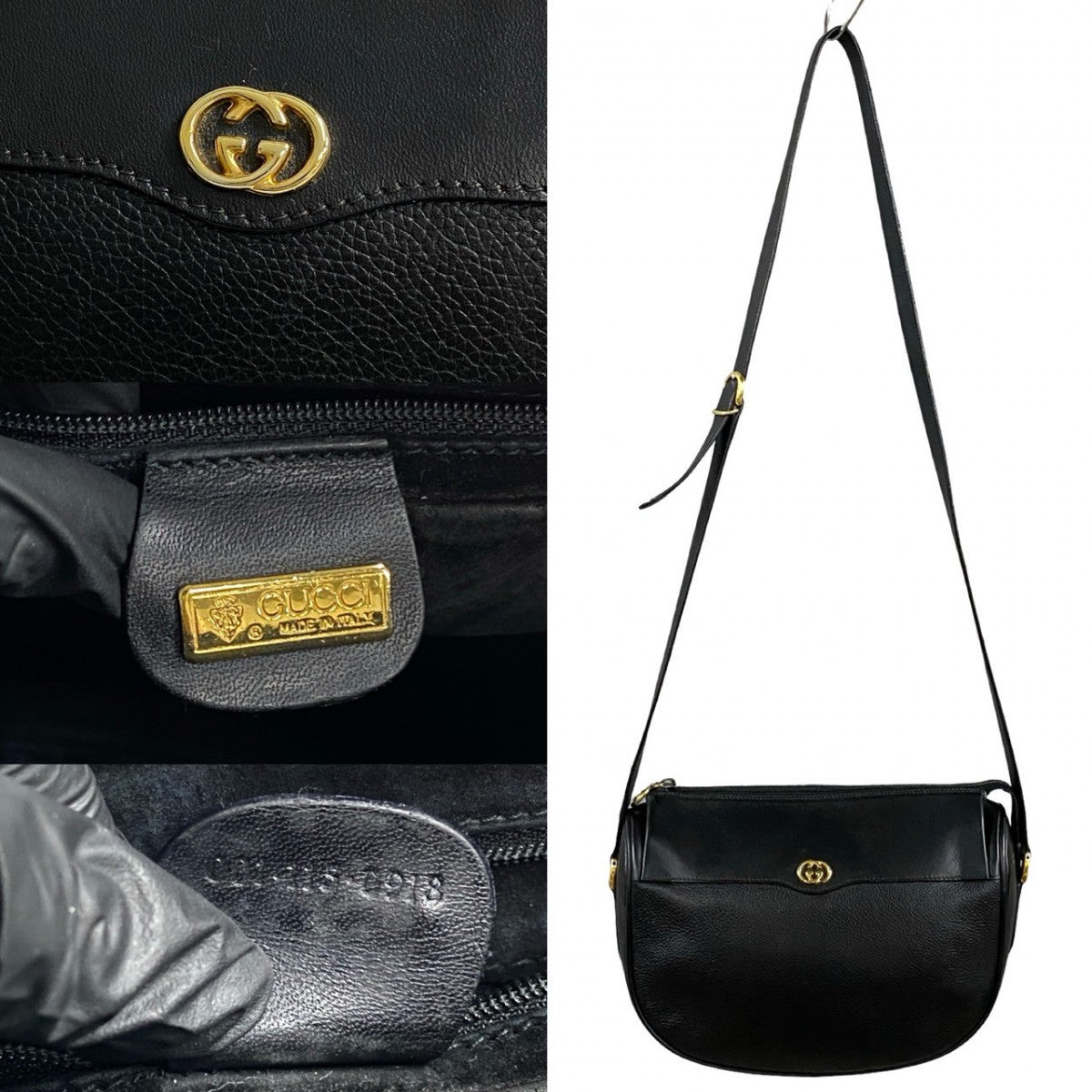 GUCCI Shoulder Bag leather black GG logo Metal Women Used Authentic
