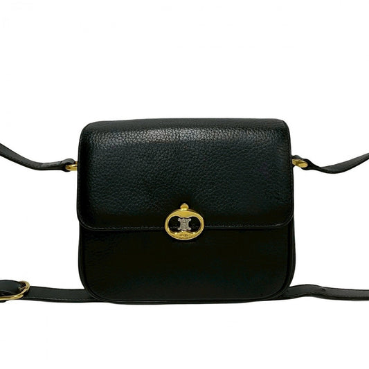 CELINE Shoulder Bag leather black Triomphe logo Metal Women Used Authentic