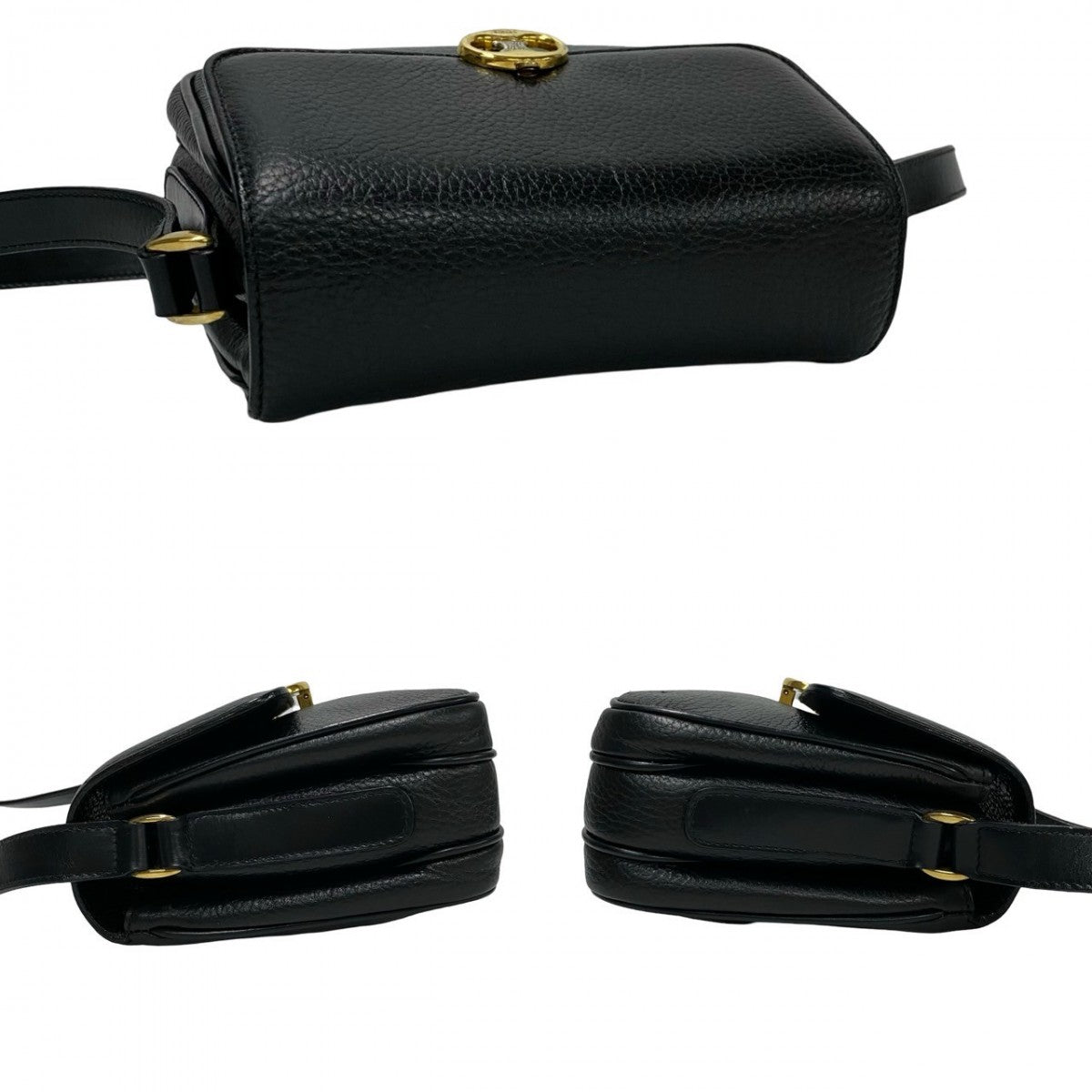 CELINE Shoulder Bag leather black Triomphe logo Metal Women Used Authentic