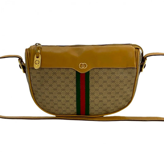 GUCCI Shoulder Bag Leather, PVC Brown Micro GG logo Sherry line Women Used Authentic