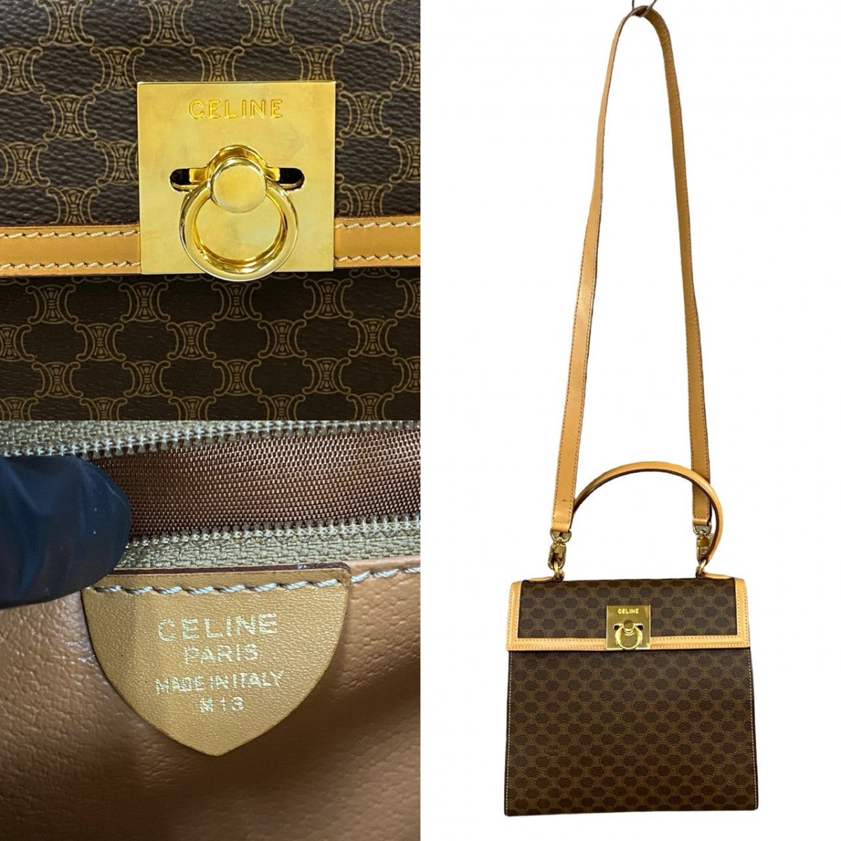 CELINE Shoulder Bag Leather, PVC Brown Macadam Blason Triomphe Pattern logo ring Metal Women Used Authentic